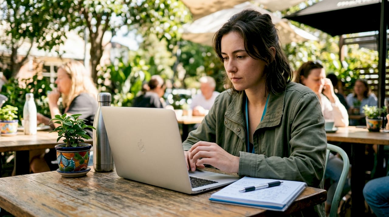 Woman using refurbished MacBook at home desk