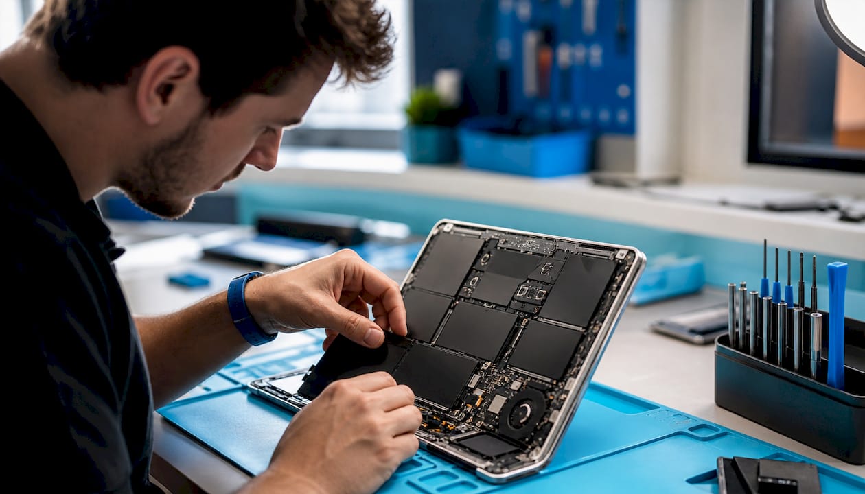 Technician replacing MacBook battery at workbench
