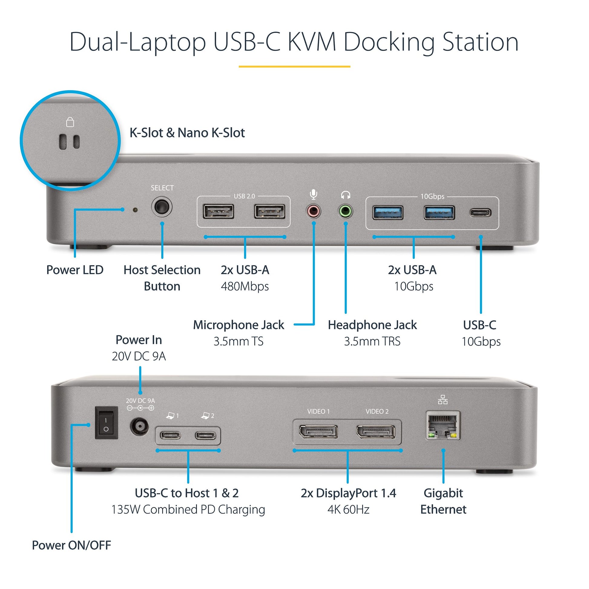 StarTech Dual-Laptop USB-C KVM Docking Station – Dual 4K 60Hz DisplayPort with 90W / 45W Power Delivery-3