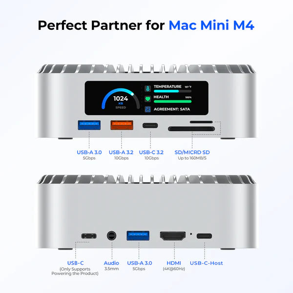 RayCue All-in-One Dock for Mac Mini M4 with Smart Display & SSD Enclosure (US Plug)