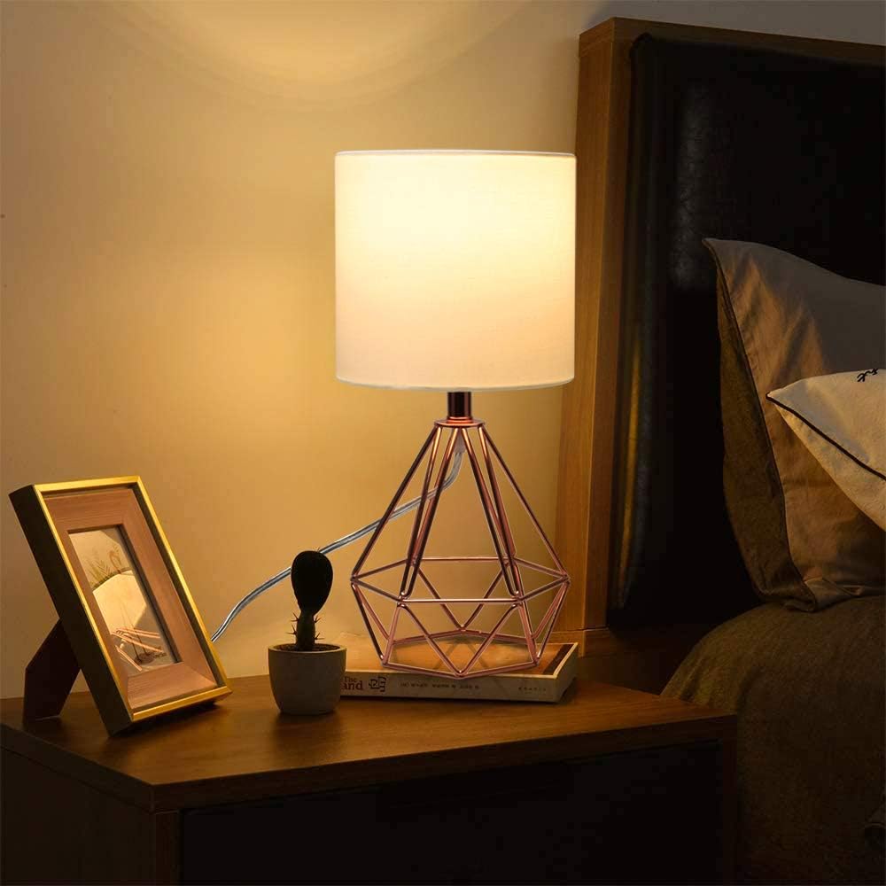 Depuley 5W Bedside Table Lamp, Modern Desk Lamp with Diamond Metal Wire Cage Base and Fabric Lampshade, Bedside Nightstand Reading Lamps for Bedroom, Living Rooms, Office, Cafe (E27 Bulb Included)