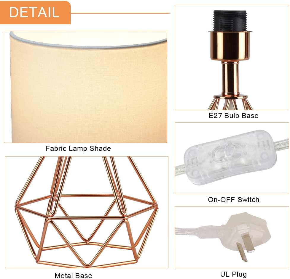 Depuley 5W Bedside Table Lamp, Modern Desk Lamp with Diamond Metal Wire Cage Base and Fabric Lampshade, Bedside Nightstand Reading Lamps for Bedroom, Living Rooms, Office, Cafe (E27 Bulb Included)