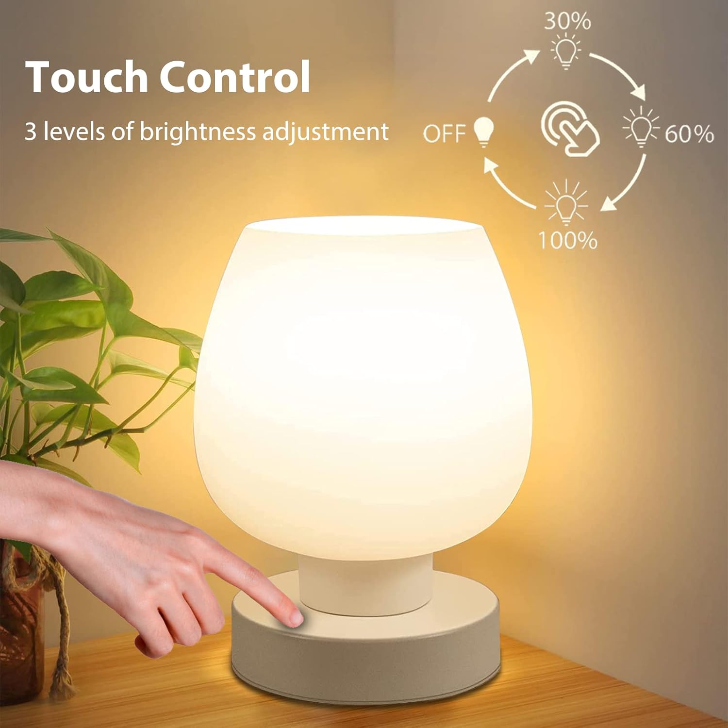 Touch Bedside Table Lamp, 3 Way Dimmable Bedside Lamp with White Opal Glass Lamp Shade, Touch Table Lamp for Bedroom Nightstand, Living Room, Dorm, Home Office