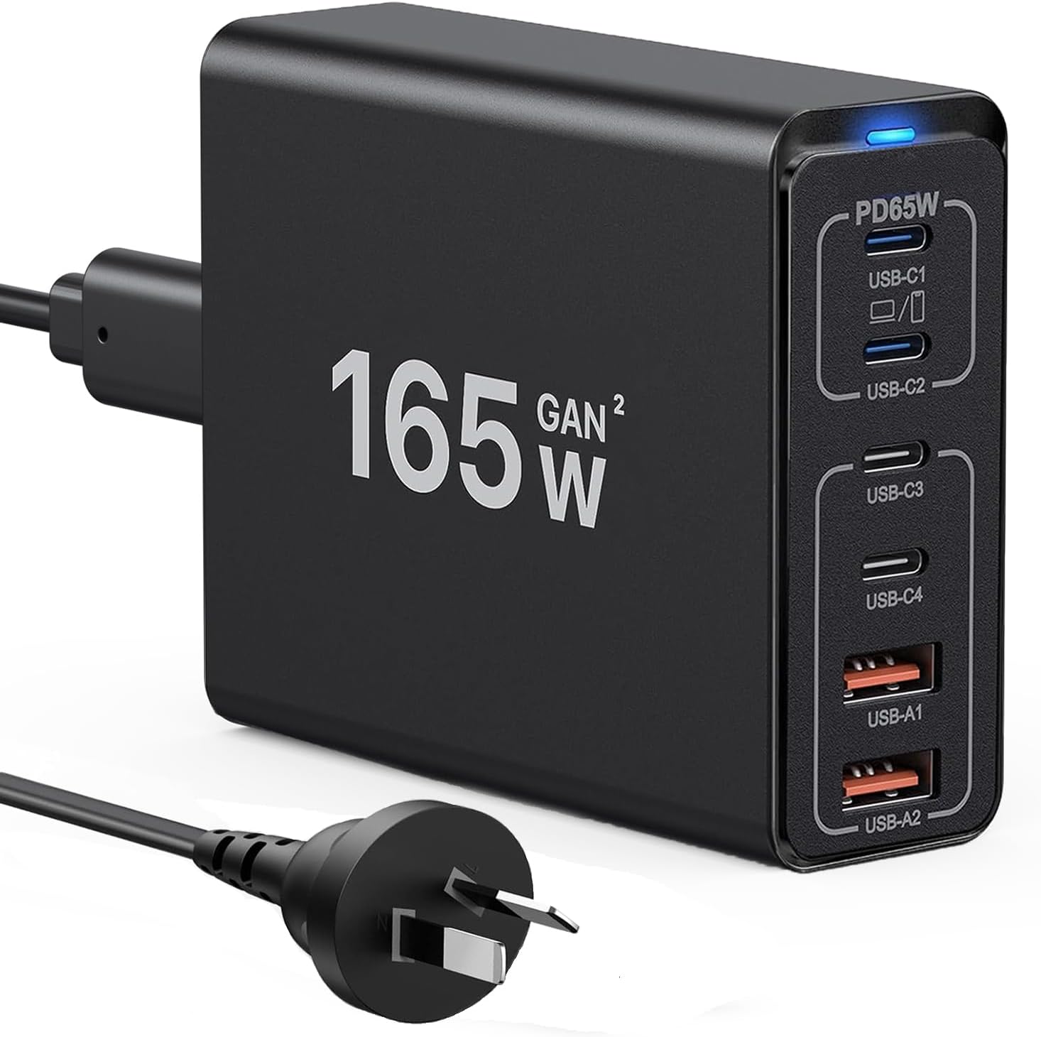 USB C Charging Station 165W, USB C Desktop Charger GaN 6 Port Fast Travel Wall Charger Adapter Compatible with MacBook Pro/Air/iPhone 12/13/14/15/16 Series/Samsung Galaxy S22/S23/S24/Laptop (Black)