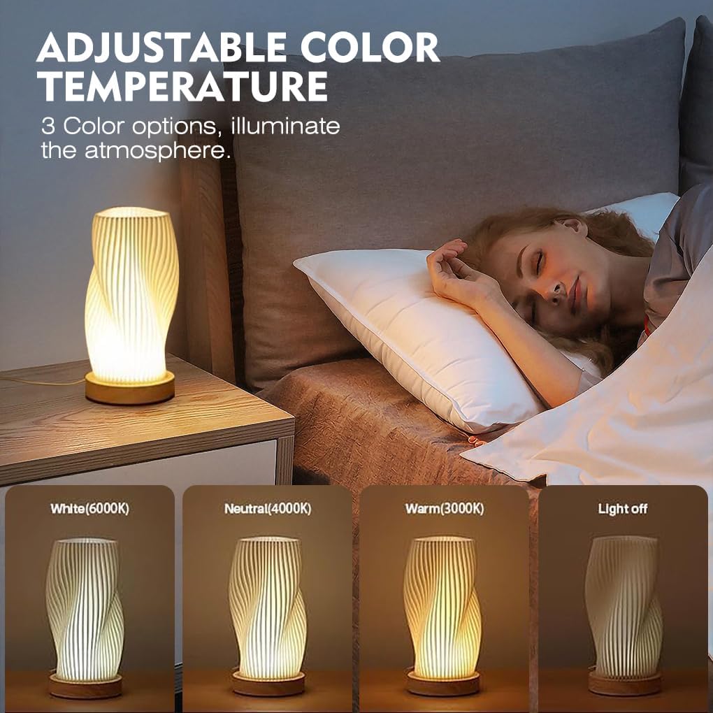 Clora Table Bedside Lamp Small LED Night Light Woodbase Button Control Atmosphere Dimmable Minimalist Nightstand Desk Lamps PLA Lampshade Living Room,Lounge,Bedroom, Kids Room,College Dorm, Home