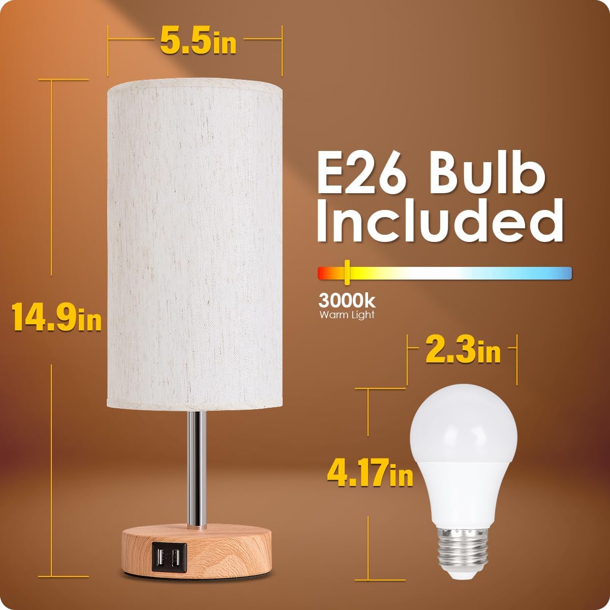 Bedside Lamps with USB Port - Touch Control Table Lamp for Bedroom Wood 3 Way Dimmable Nightstand Lamp Set of 2 with Round Flaxen Fabric Shade for Living Room, Dorm, Home Office (2 Pack)