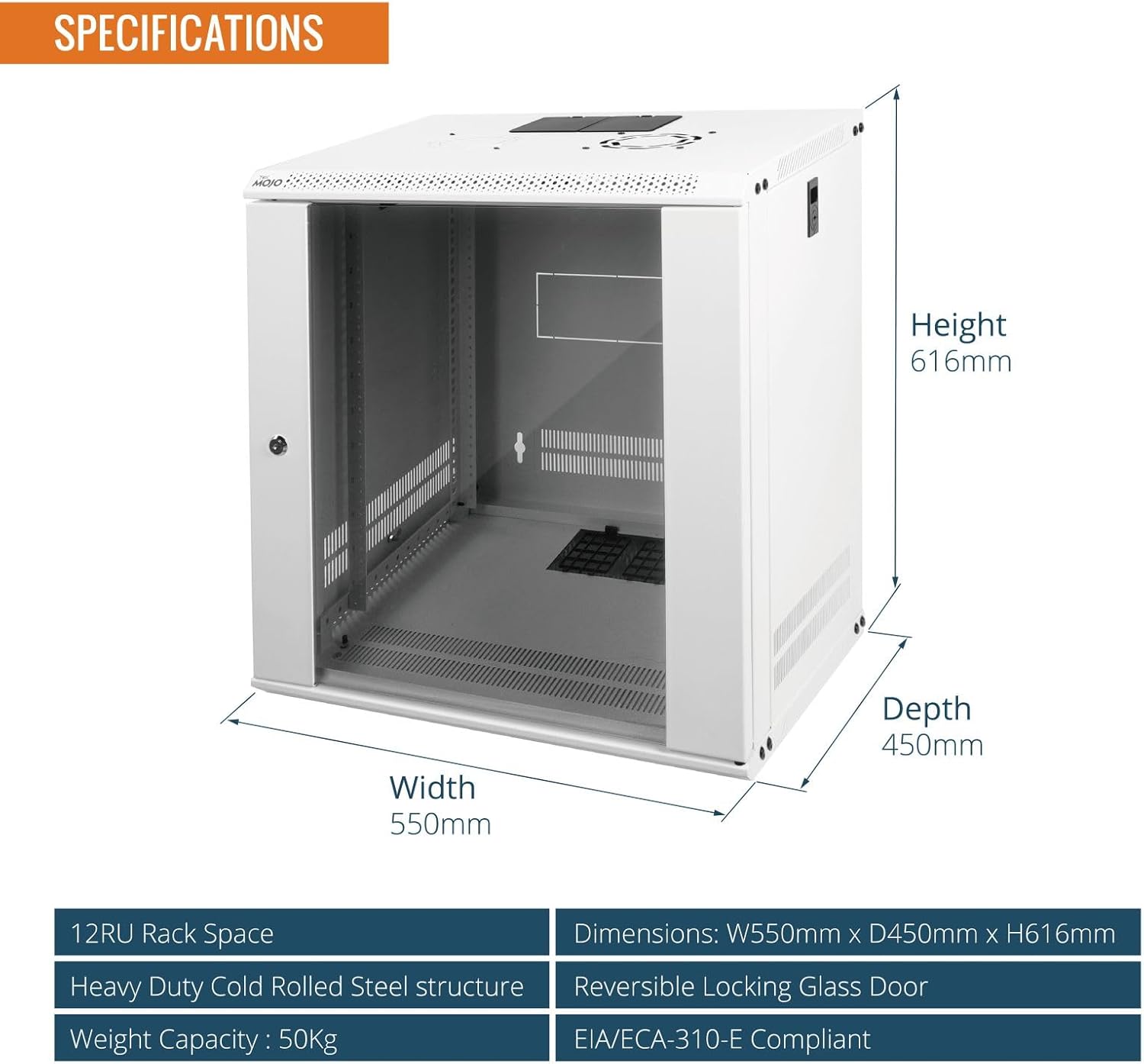 Tecmojo 12RU Wall Mount Network Cabinet – 450mm Deep, Lockable Glass Door, 50kg Load - White