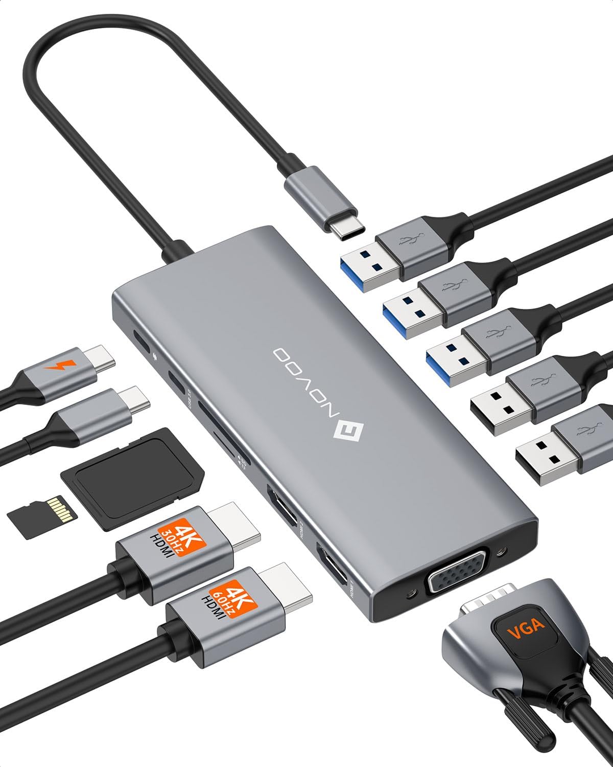 NOVOO 12-in-1 USB C Docking Station – Dual Monitor Laptop Dock with 2× HDMI, VGA, 100W PD, 5 USB Ports