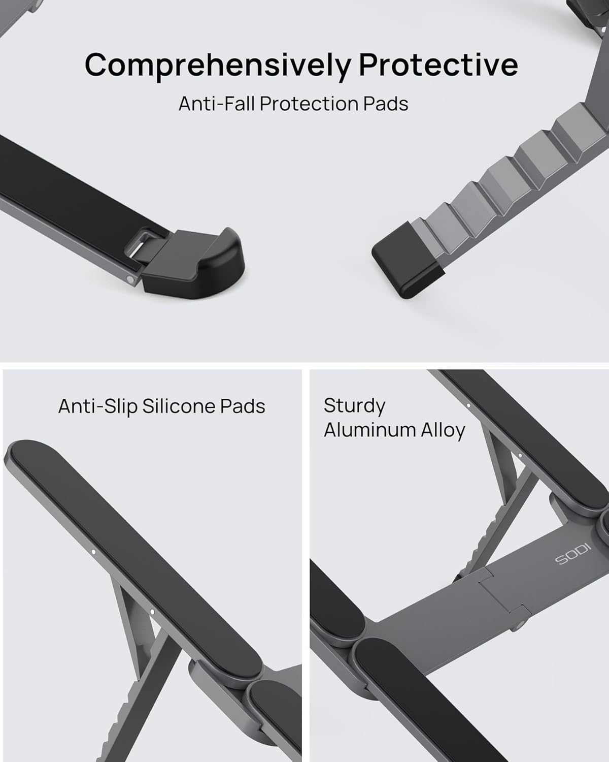 SODI Adjustable Laptop Holder for Desk, Foldable Laptop Stand Riser, Portable Laptop Holder, Notebook Stand for 10-15.6” Laptops, Black