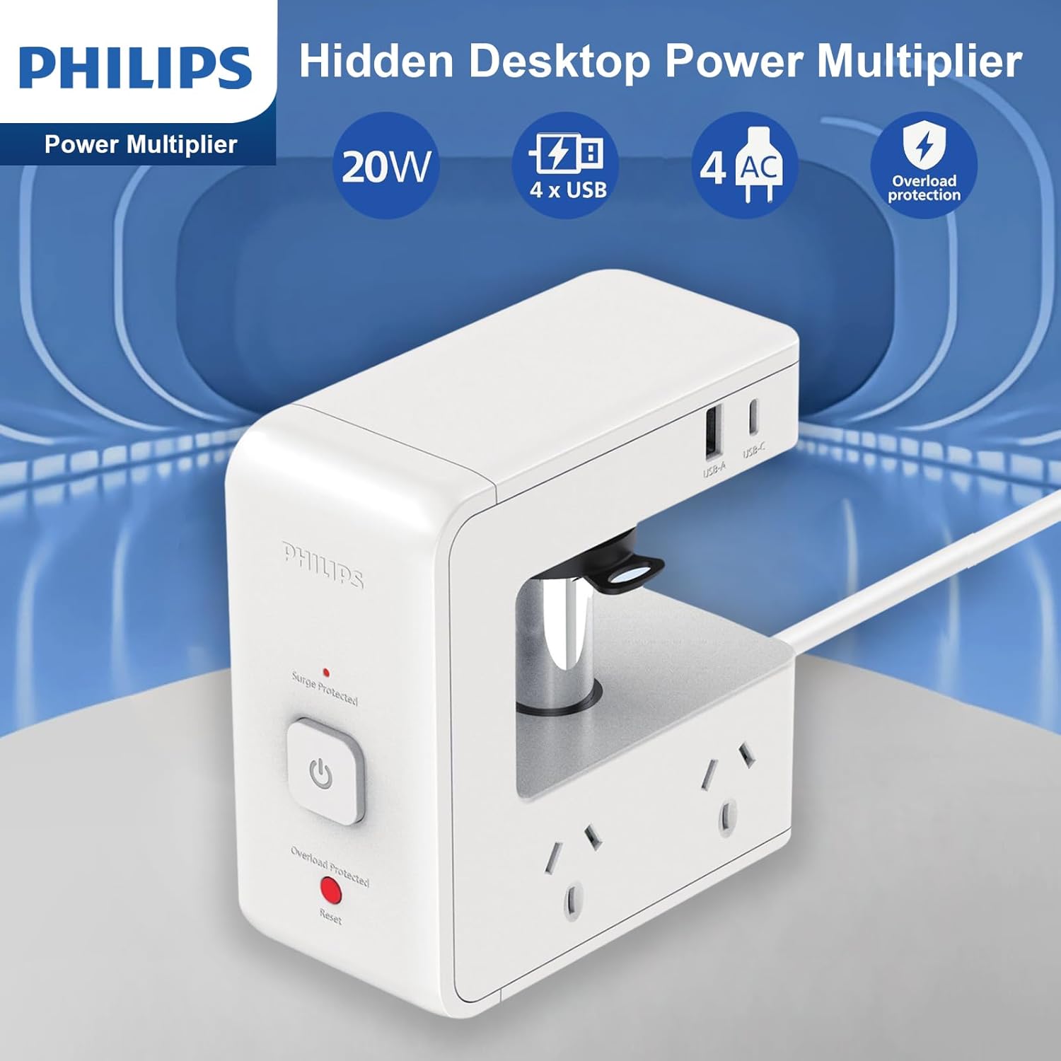PHILIPS Desk Table Clamp Powerboard, Desktop Edge Mount Charging with 4x10A Outlets + 2xUSB A +2xUSB C (8 Devices), Overload Surge Protector, 1.2m Extension Cord Desktop Power Board with USB C