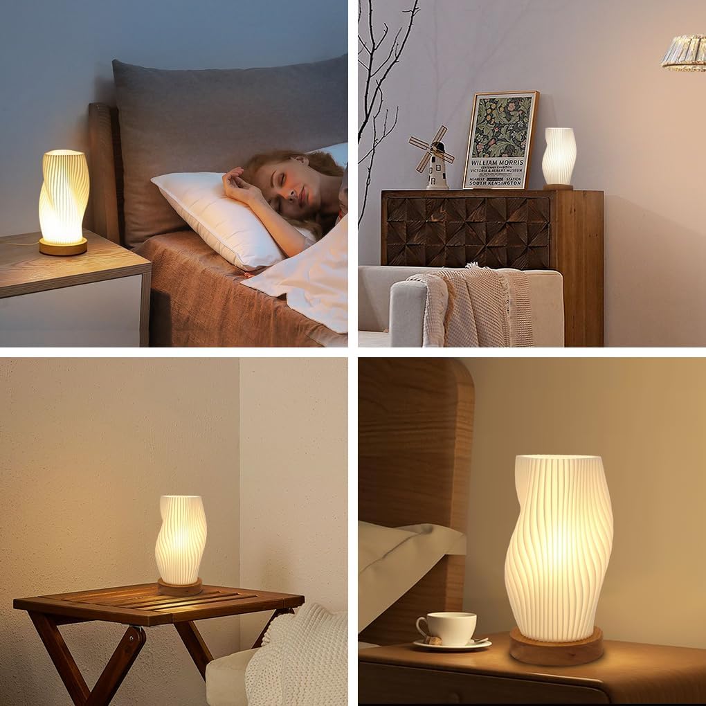 Clora Table Bedside Lamp Small LED Night Light Woodbase Button Control Atmosphere Dimmable Minimalist Nightstand Desk Lamps PLA Lampshade Living Room,Lounge,Bedroom, Kids Room,College Dorm, Home