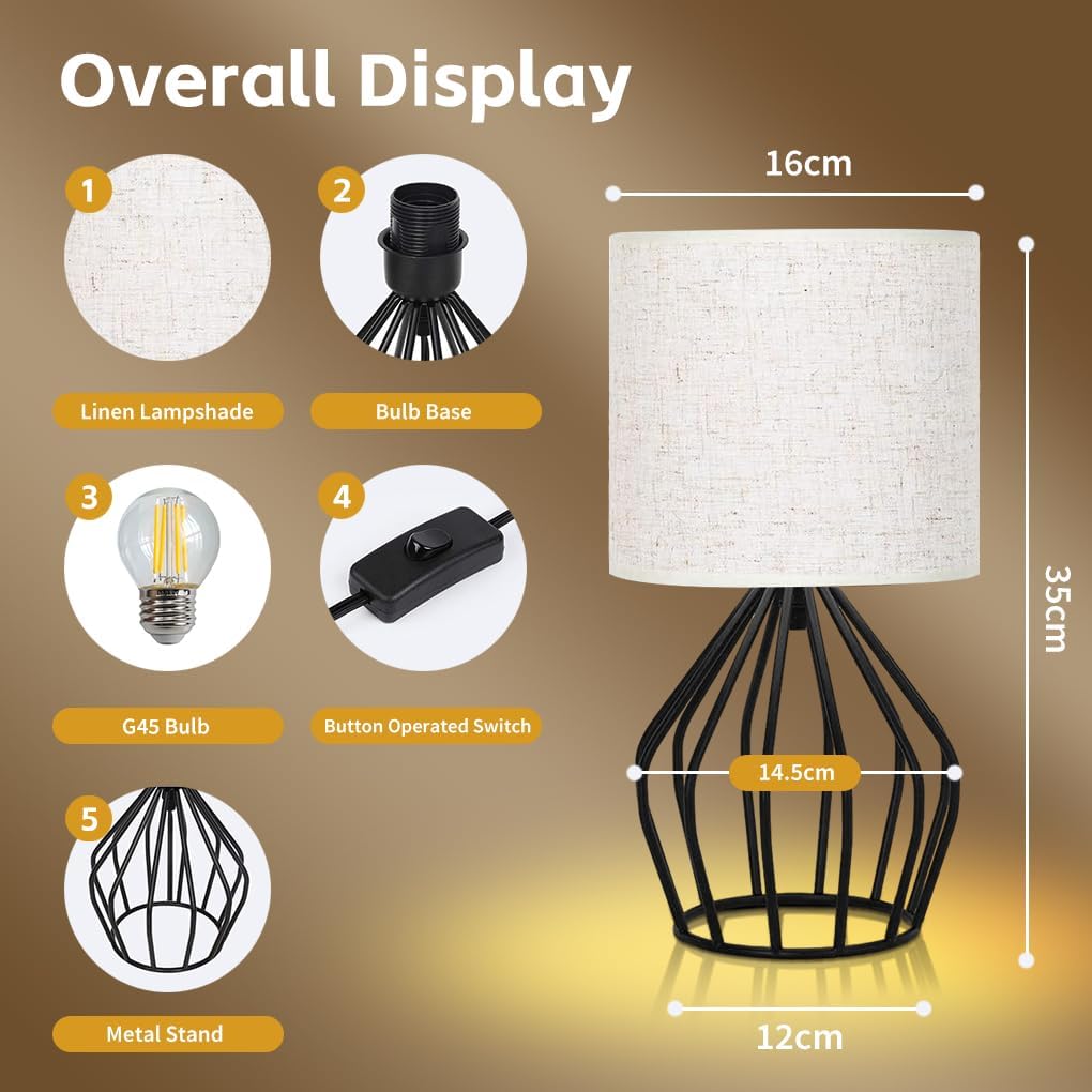 Clora Black Modern Table Lamp Minimalist Bedside Lamp with Hollowed Out Base Linen Fabric Shade Vintage Nightstand Lamp for Bedroom Living Room Side Table Desk Kids Room (1 Pack)