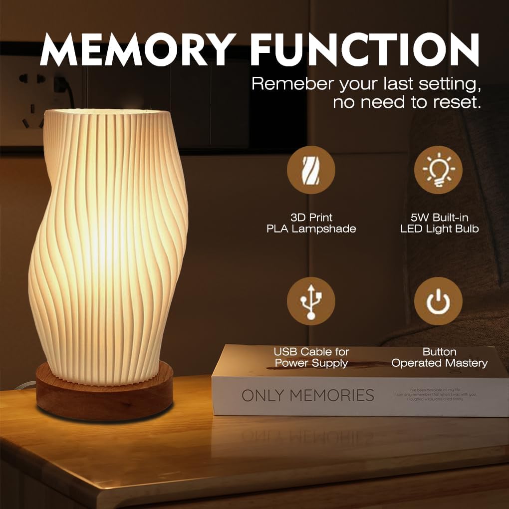 Clora Table Bedside Lamp Small LED Night Light Woodbase Button Control Atmosphere Dimmable Minimalist Nightstand Desk Lamps PLA Lampshade Living Room,Lounge,Bedroom, Kids Room,College Dorm, Home
