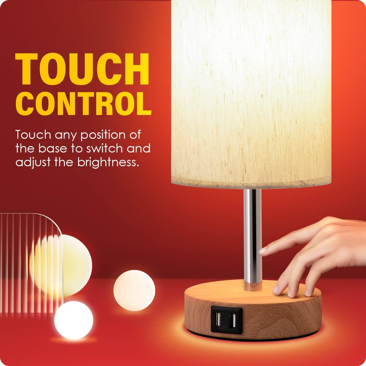 Bedside Lamps with USB Port - Touch Control Table Lamp for Bedroom Wood 3 Way Dimmable Nightstand Lamp Set of 2 with Round Flaxen Fabric Shade for Living Room, Dorm, Home Office (2 Pack)