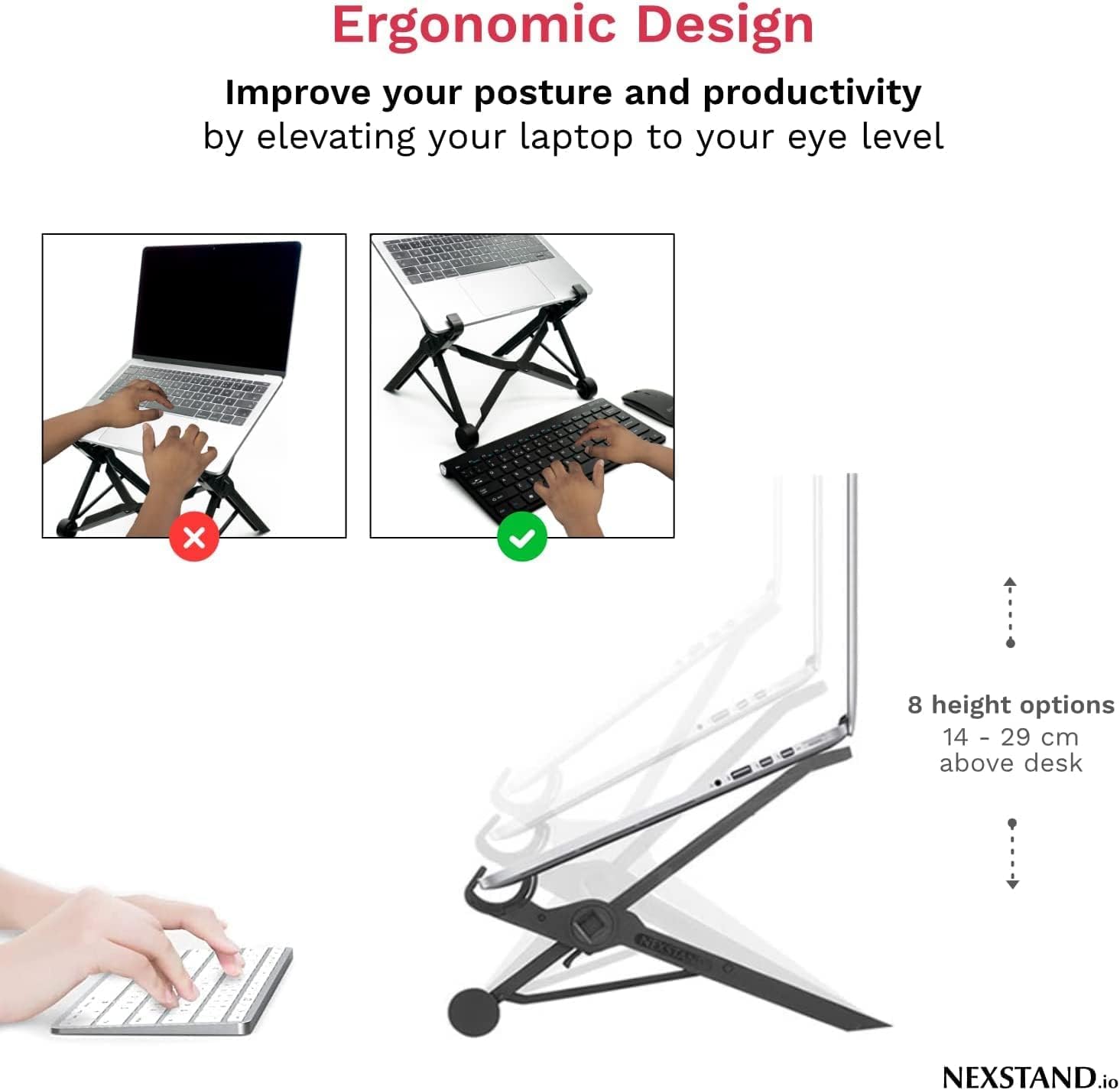 Nexstand, Travel Laptop Stand,Foldable & Adjustable Notebook Holder. 8 Height Options, Eye-Level, Ergonomic, Lightweight, Black.