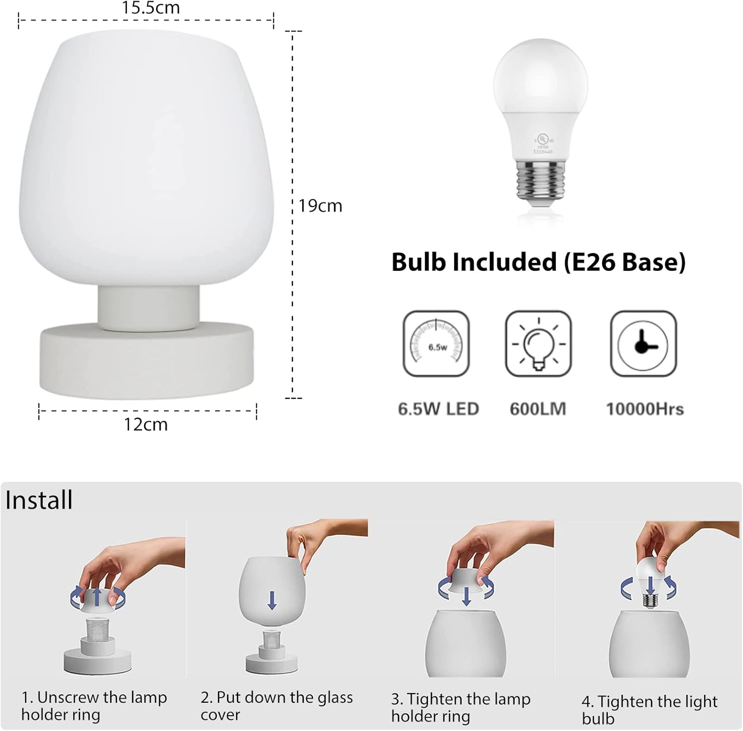 Touch Bedside Table Lamp, 3 Way Dimmable Bedside Lamp with White Opal Glass Lamp Shade, Touch Table Lamp for Bedroom Nightstand, Living Room, Dorm, Home Office