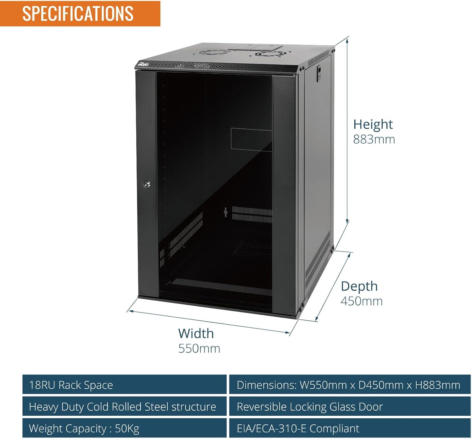 Tecmojo 18U Wall Mount Network Cabinet – 450mm Deep, Lockable Glass Door, 50kg Load - Black