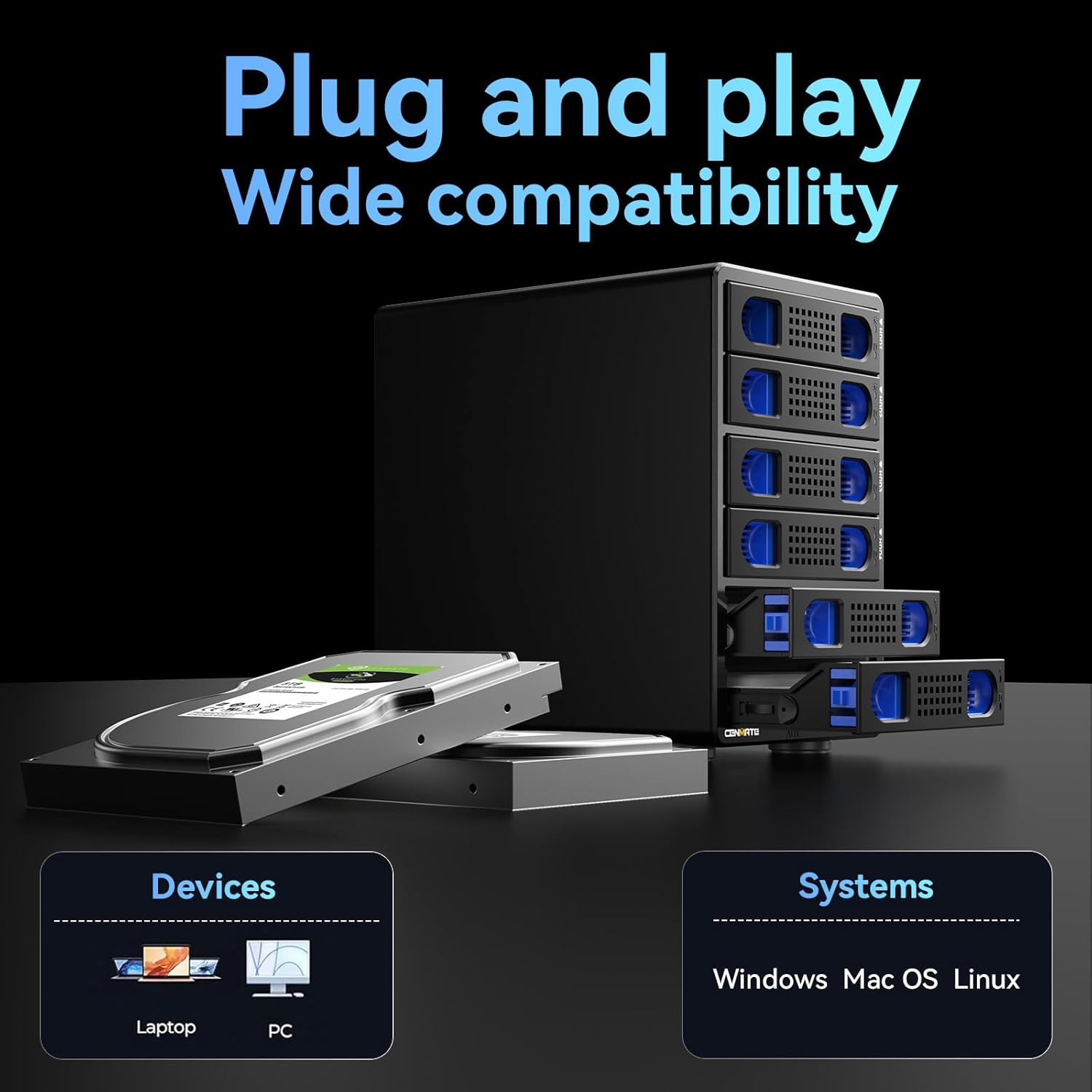 CENMATE 6-Bay Hard Drive Enclosure — USB 3.0, Aluminum with Cooling Fan