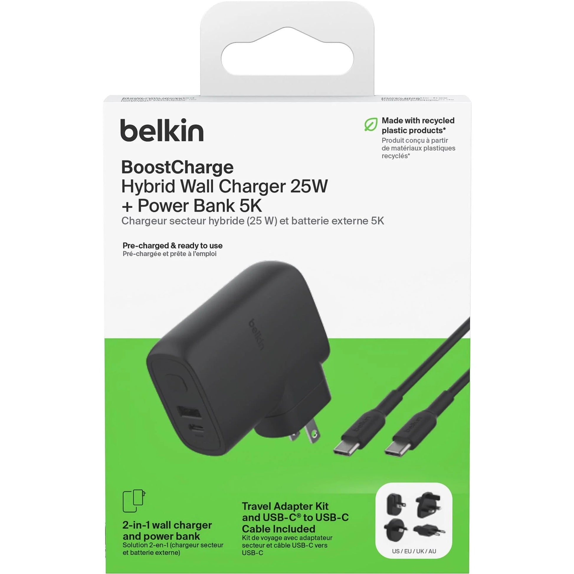 Belkin BoostCharge Hybrid Wall Charger 25W + Power Bank 5K Travel Adapter Kit Belkin
