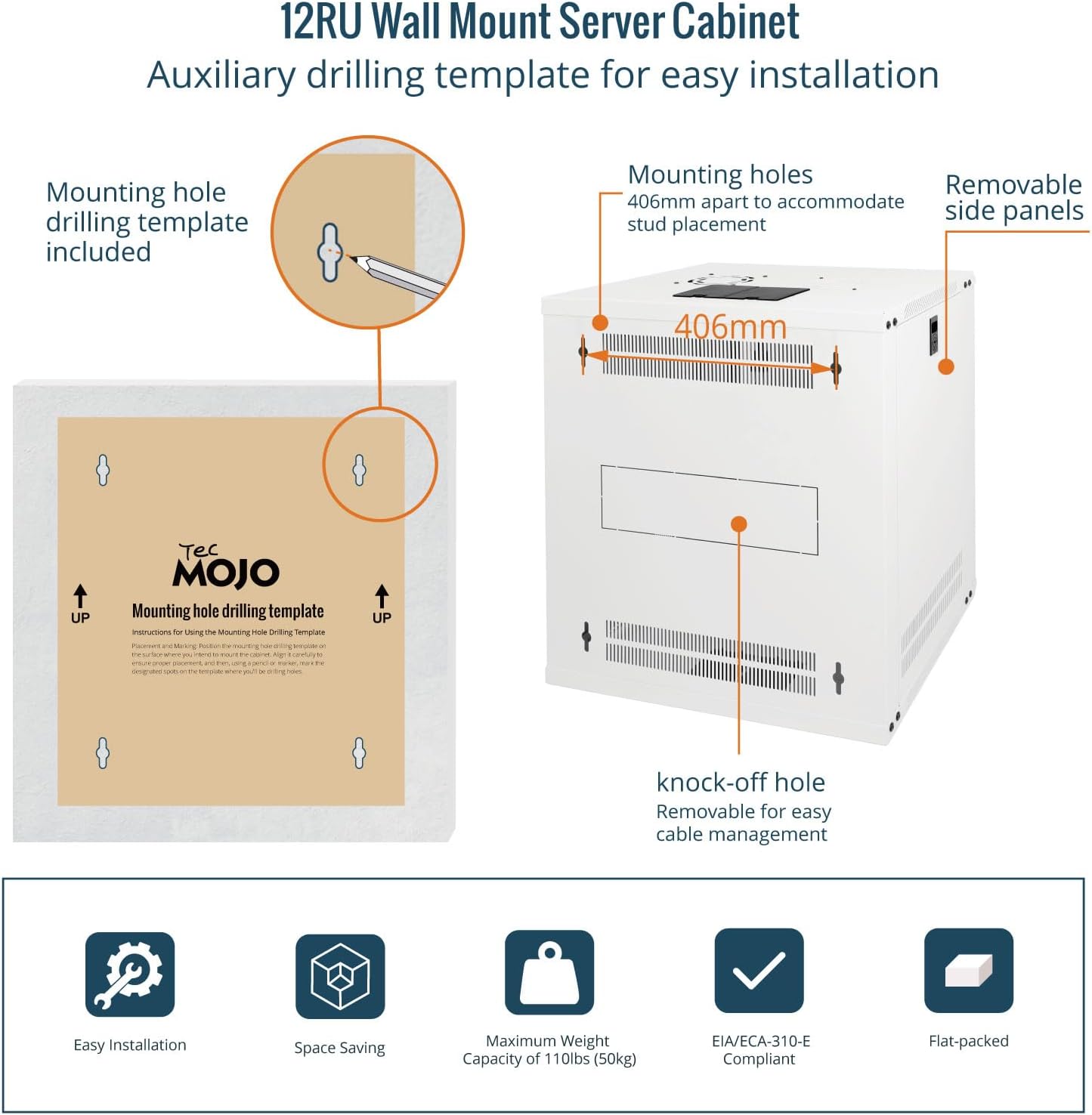Tecmojo 12RU Wall Mount Network Cabinet – 450mm Deep, Lockable Glass Door, 50kg Load - White