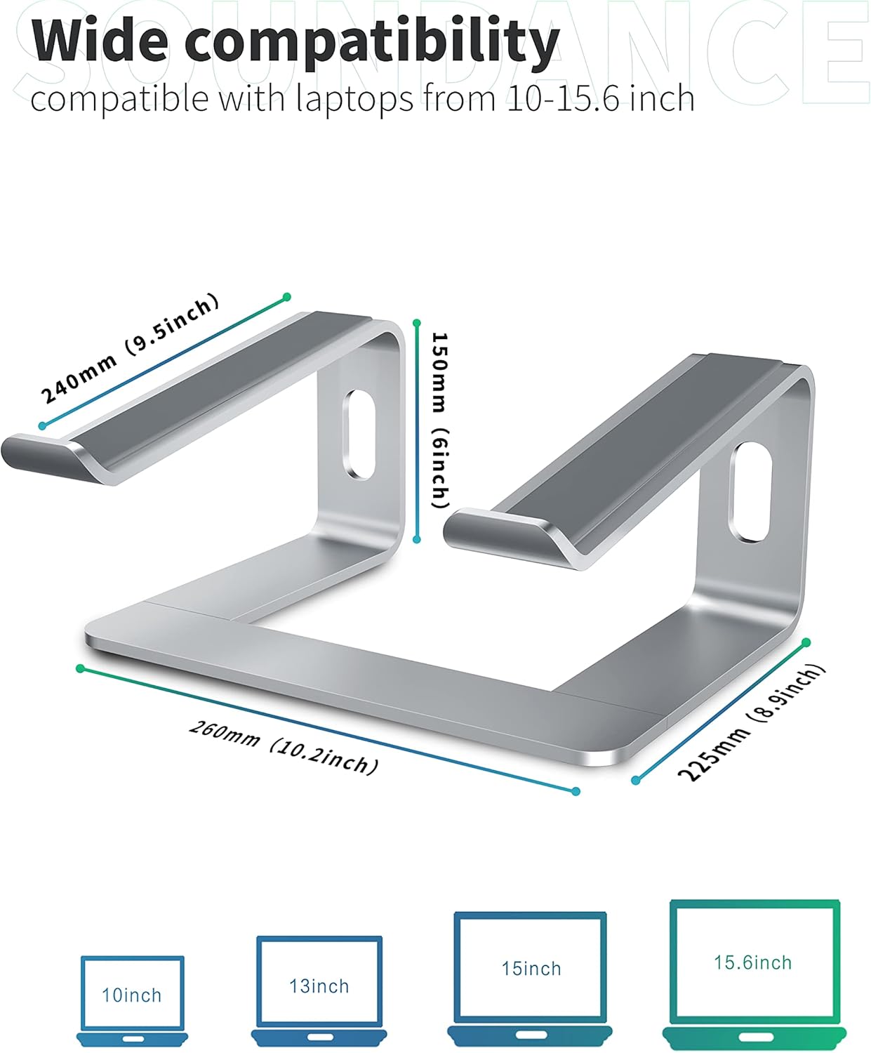 Soundance Aluminum Laptop Stand for Desk Portable Holder Ergonomic Elevator Metal Riser for 10 to 15.6 inch PC Desktop Computer, LS1 Silver