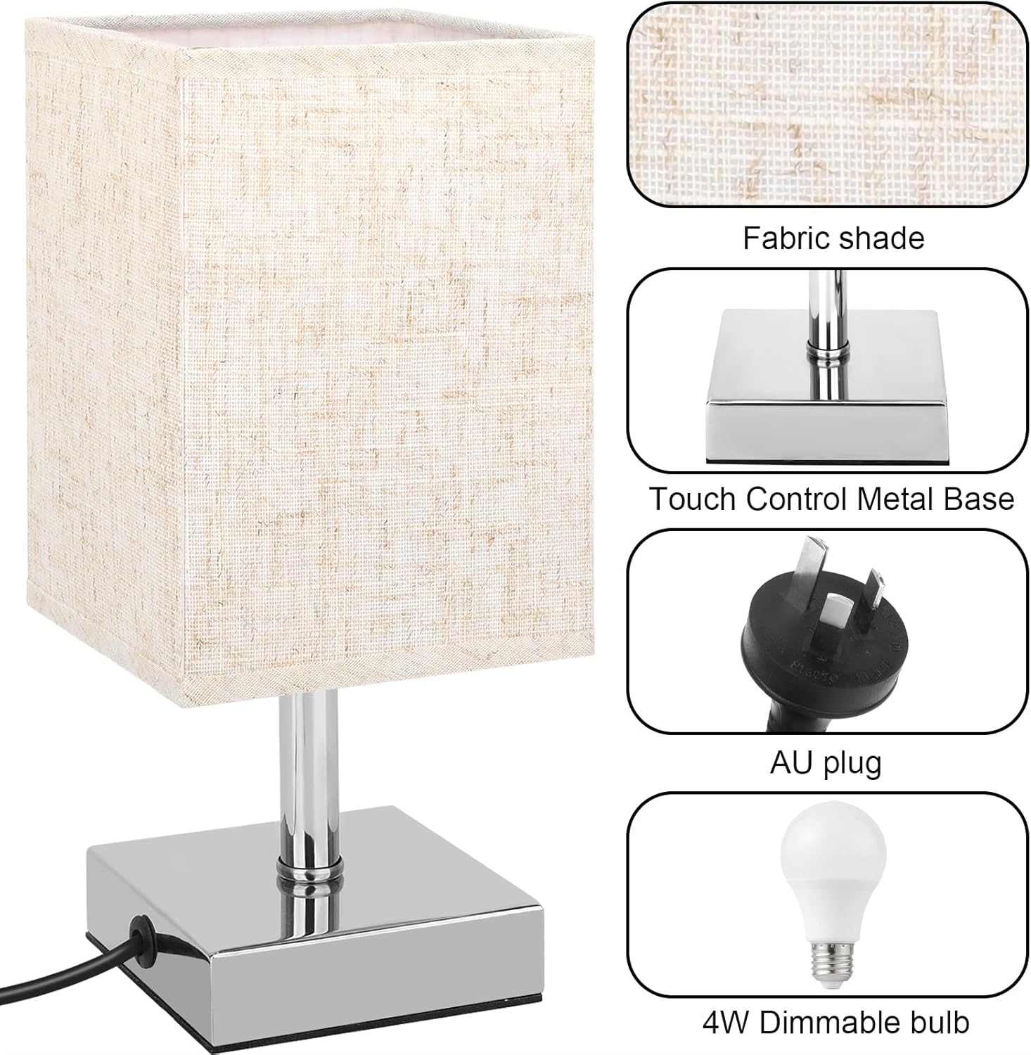 Kinsdan Small Table Lamp, 3-Way Dimmable Touch Control Bedside Lamps, Bedside Table Lamps with Flaxen Fabric Shade for Bedroom Living Room,LED Bulb Included