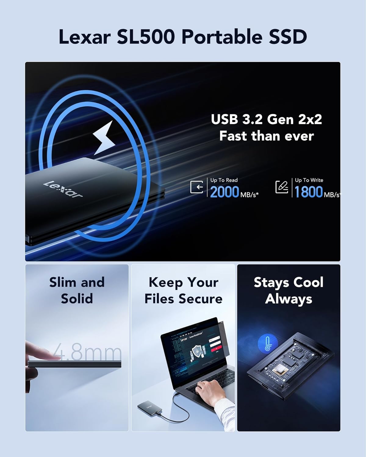 Lexar SL500 External SSD 2TB, USB3.2 Gen2x2 Portable SSD, PSSD up to 2000MB/s Read, 1800MB/s Write, External Solid State Drive for iPhone15 Series/Mac/PS5/XBOX/Laptop/PC (LSL500X002T-RNBNG)