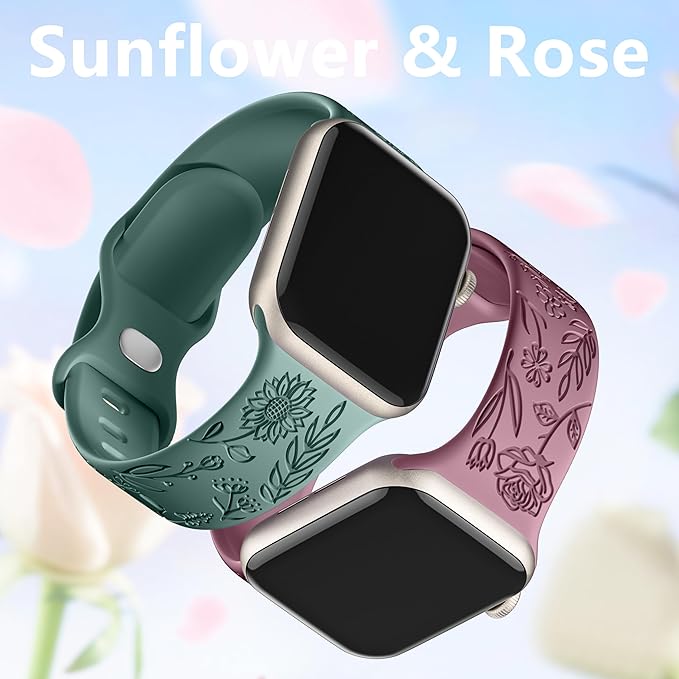6 Pack Floral Engraved Bands Compatible with Apple Watch Band 40mm 38mm 41mm 42mm 44mm 45mm 49mm Women, Silicone Soft Cute Flower Pattern Strap for iWatch Series Ultra Ultra 2 SE 9 8 7 6 5 4 3 2 1