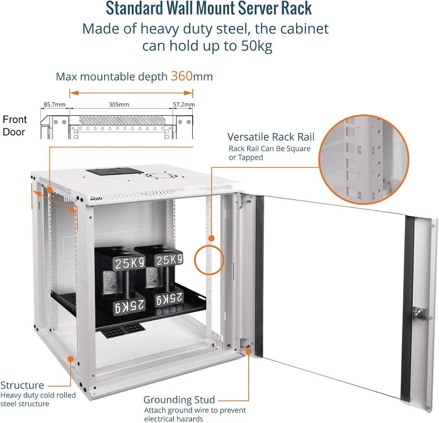 Tecmojo 12RU Wall Mount Network Cabinet – 450mm Deep, Lockable Glass Door, 50kg Load - White