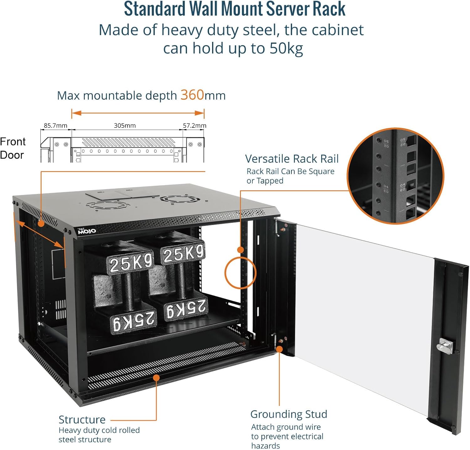 Tecmojo 9RU Wall Mount Network Cabinet – 450mm Deep, Lockable Glass Door, 50kg Load - Black