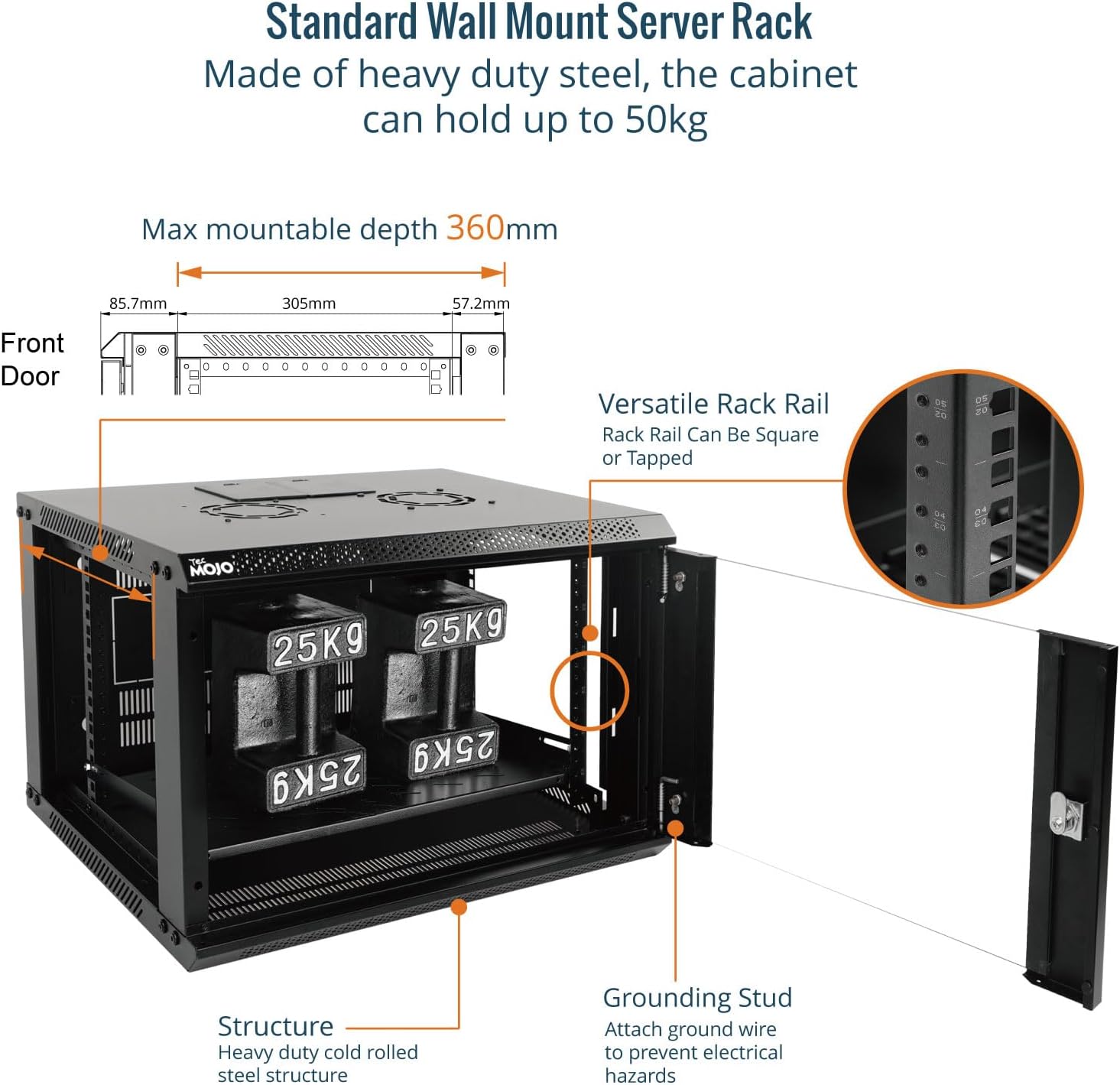 Tecmojo 6RU Wall Mount Network Cabinet – 450mm Deep, Lockable Glass Door, 50kg Load - Black