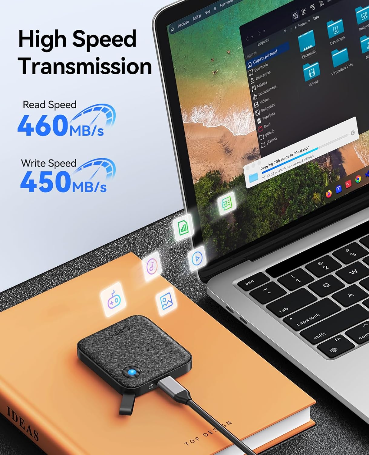 ORICO Portable SSD 1 TB with 2 in 1 USB C Cable, External Solid State Drives, Up to 460MB/s, Status Indicator, Reliable Storage for USB-C Smartphone, Tablet, PC - B5PLUS
