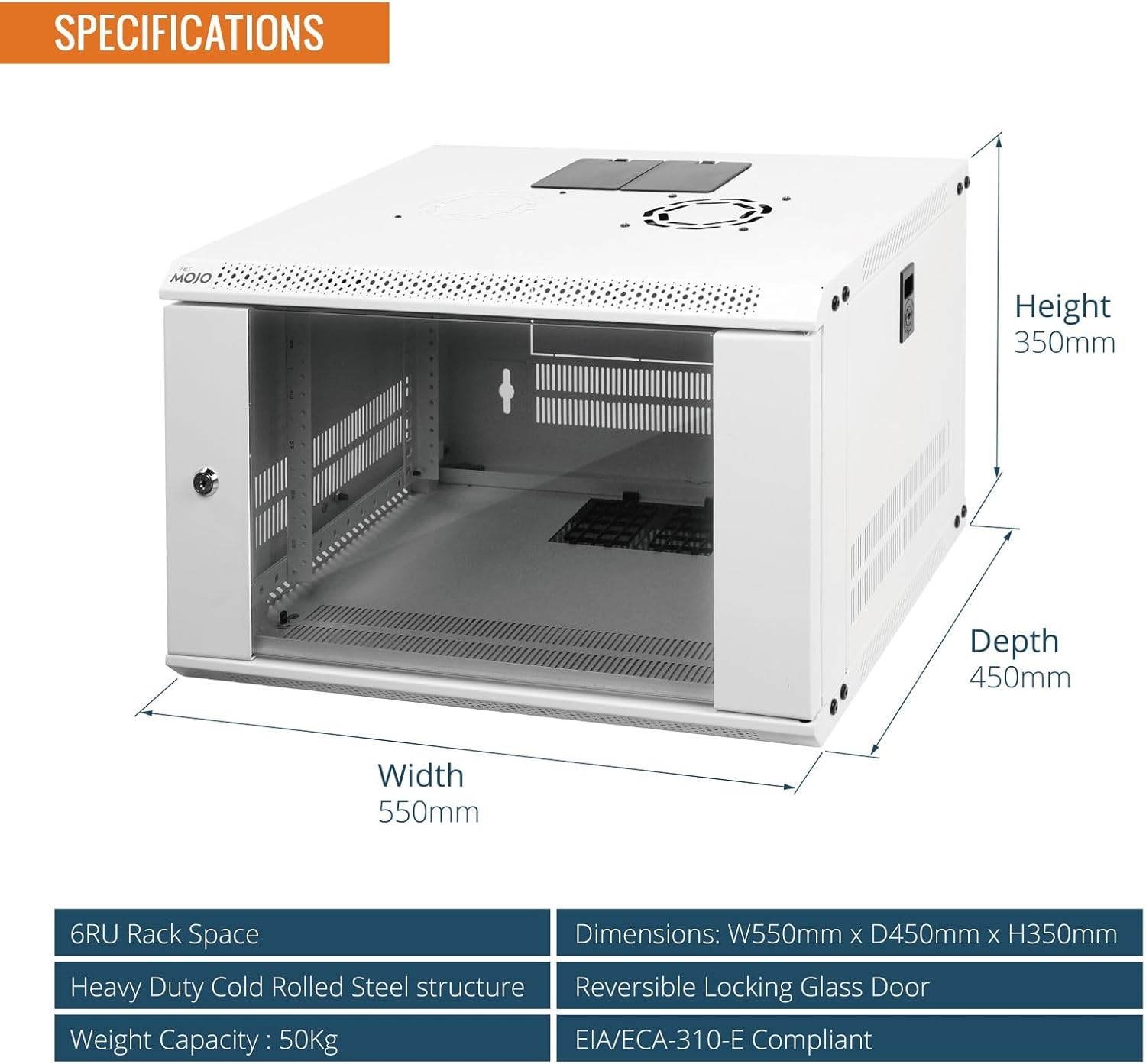 Tecmojo 6RU Wall Mount Network Cabinet – 450mm Deep, Lockable Mesh Door, 50kg Load - White