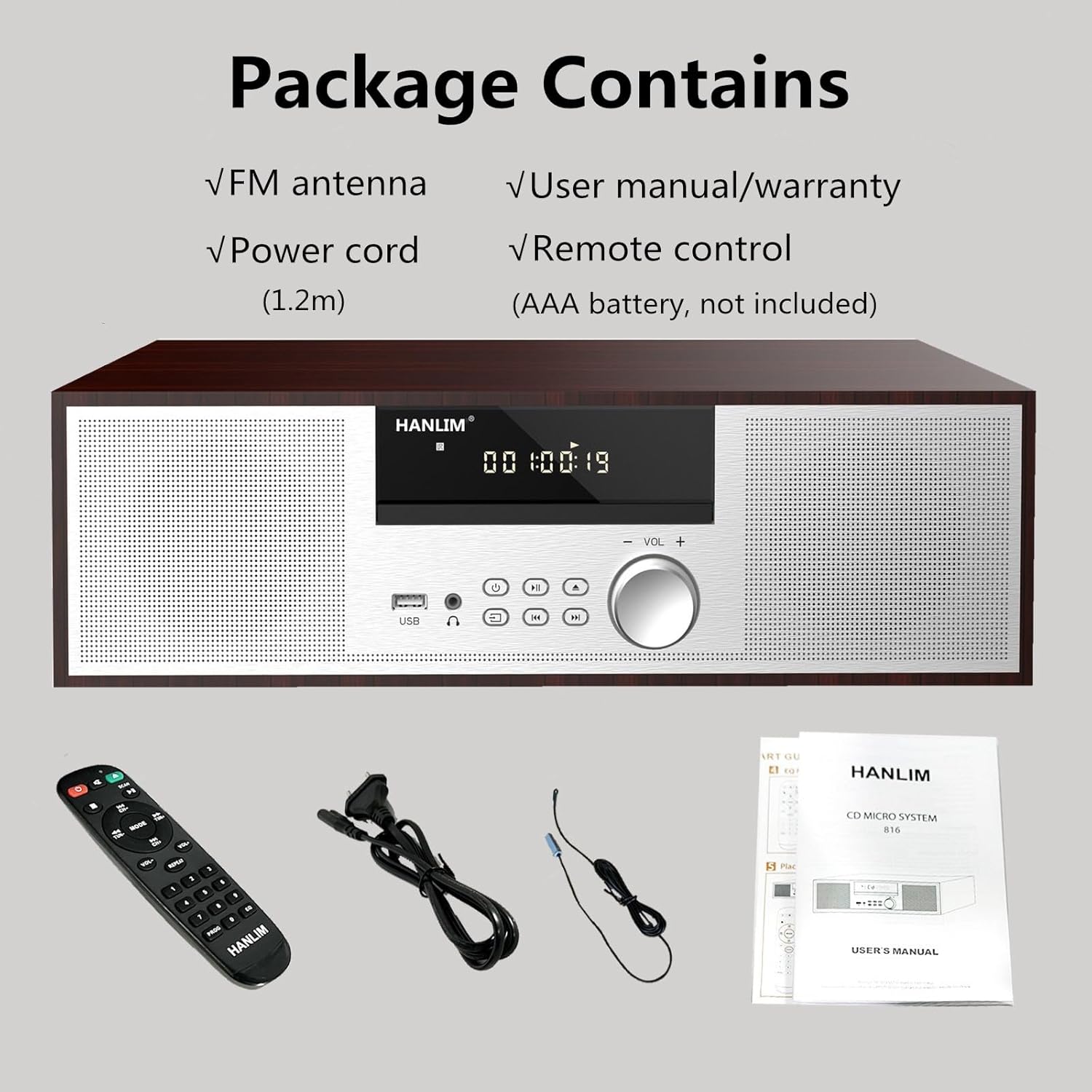 Vintage Micro HiFi System CD Player – 40W Stereo Mini Component with FM, Bluetooth, USB, AUX & Remote (Silver/Wood)