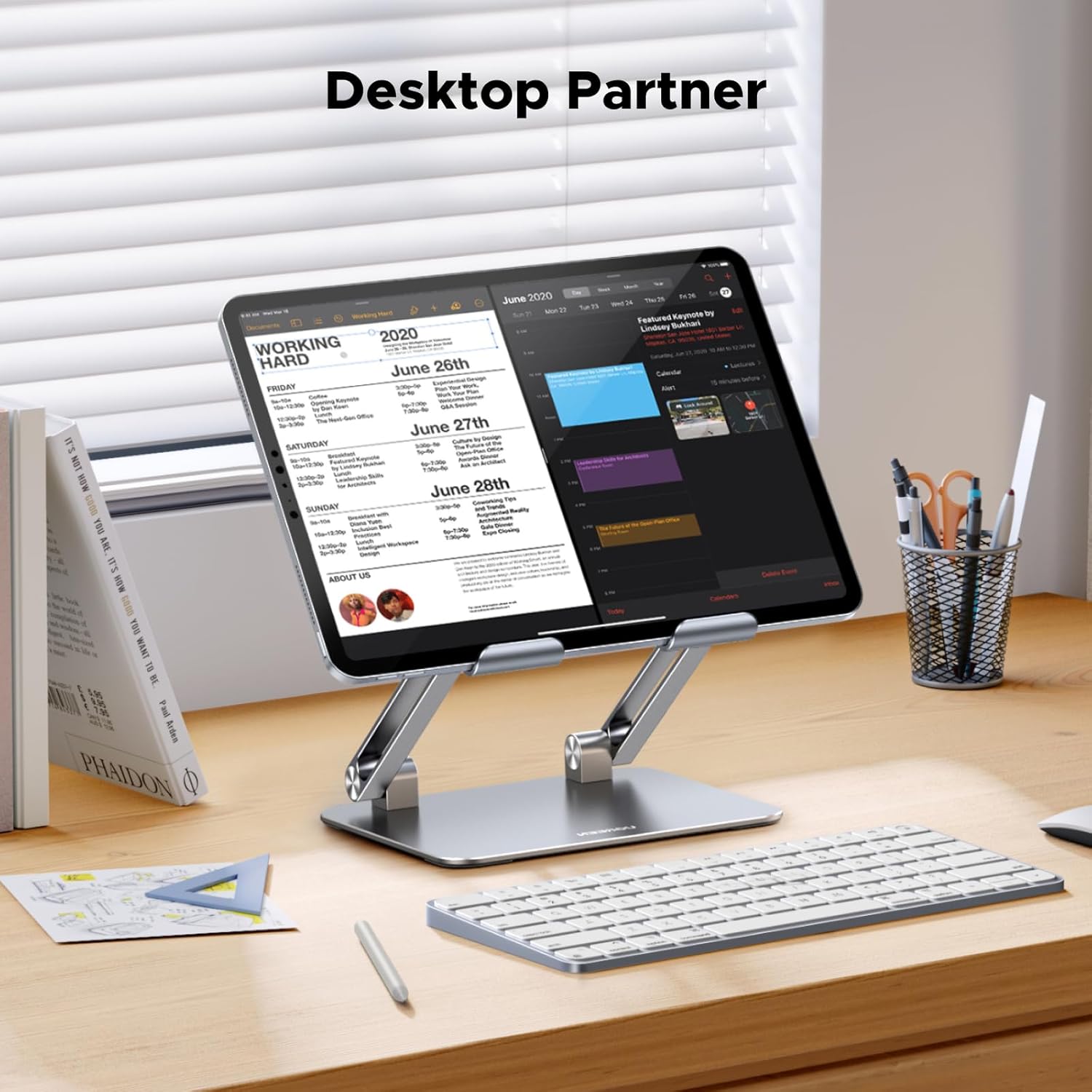 UGREEN Tablet Stand Holder for Desk, Dual Rod Support Aluminum Desktop Mount, Adjustable Foldable Dock, Multi-Angle Riser, Compatible with iPad Pro Air Mini, Silver
