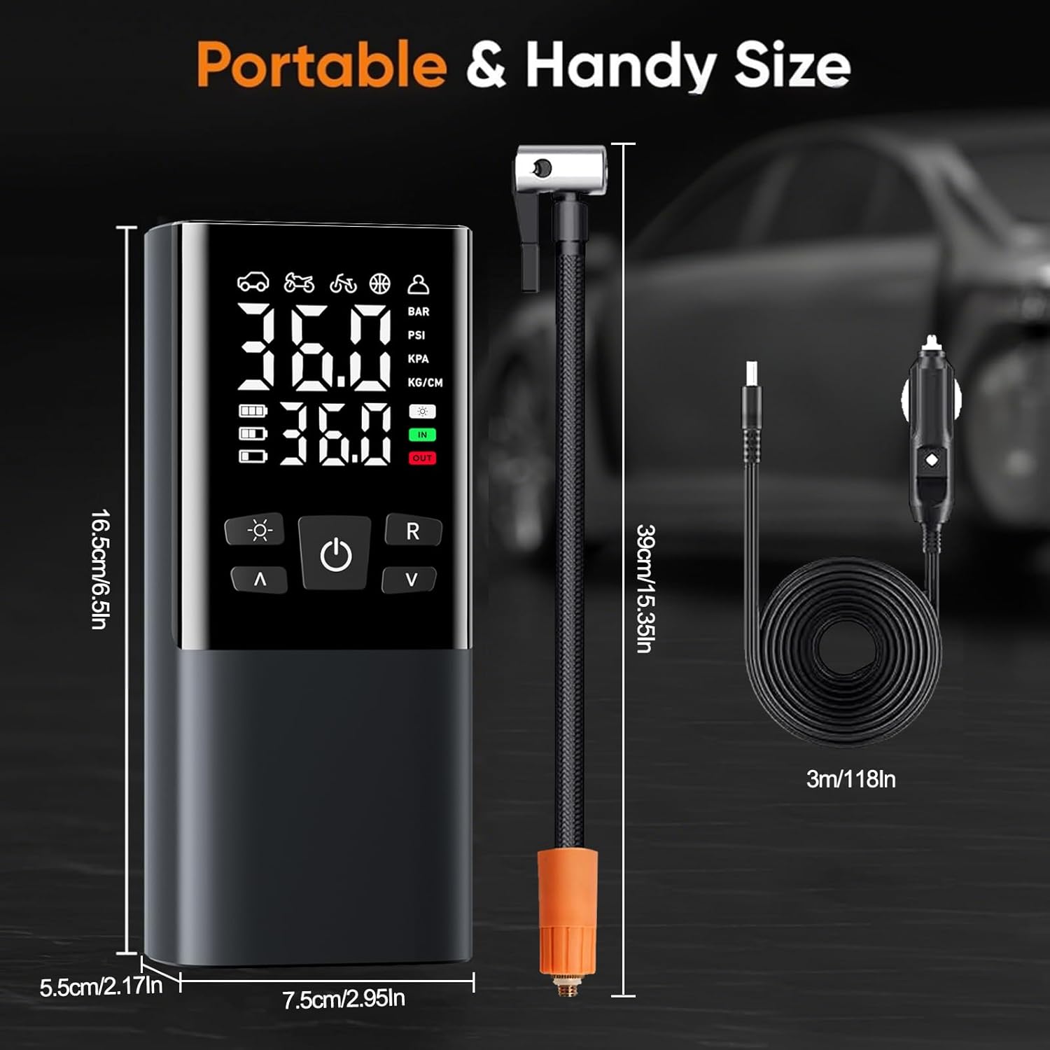 Tyre Inflator Portable Air Compressor 3-150 PSI Car Tyre Electric Air Pump 6000mAh Power Bank Tire Inflator with Digital Pressure Gauge LED Light Car Accessories for Bike Motorbike Basketball