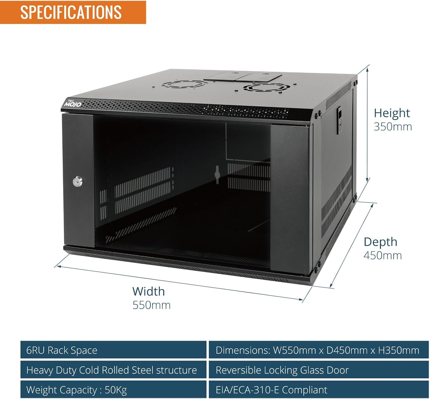 Tecmojo 6RU Wall Mount Network Cabinet – 450mm Deep, Lockable Glass Door, 50kg Load - Black