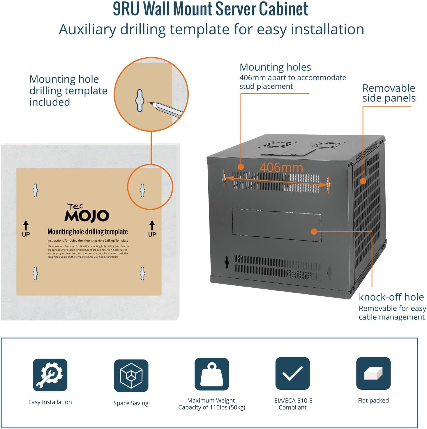 Tecmojo 9RU Wall Mount Network Cabinet – 450mm Deep, Lockable Mesh Door, 50kg Load - Black