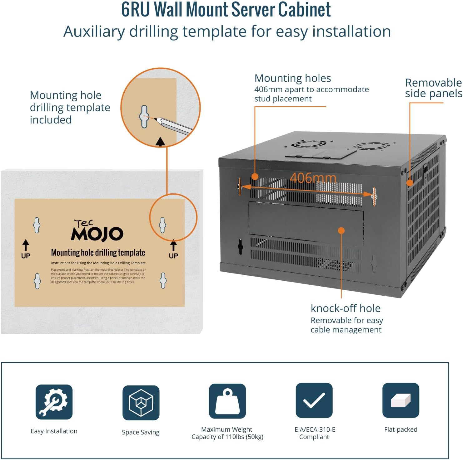 Tecmojo 6RU Wall Mount Network Cabinet – 450mm Deep, Lockable Mesh Door, 50kg Load - Black