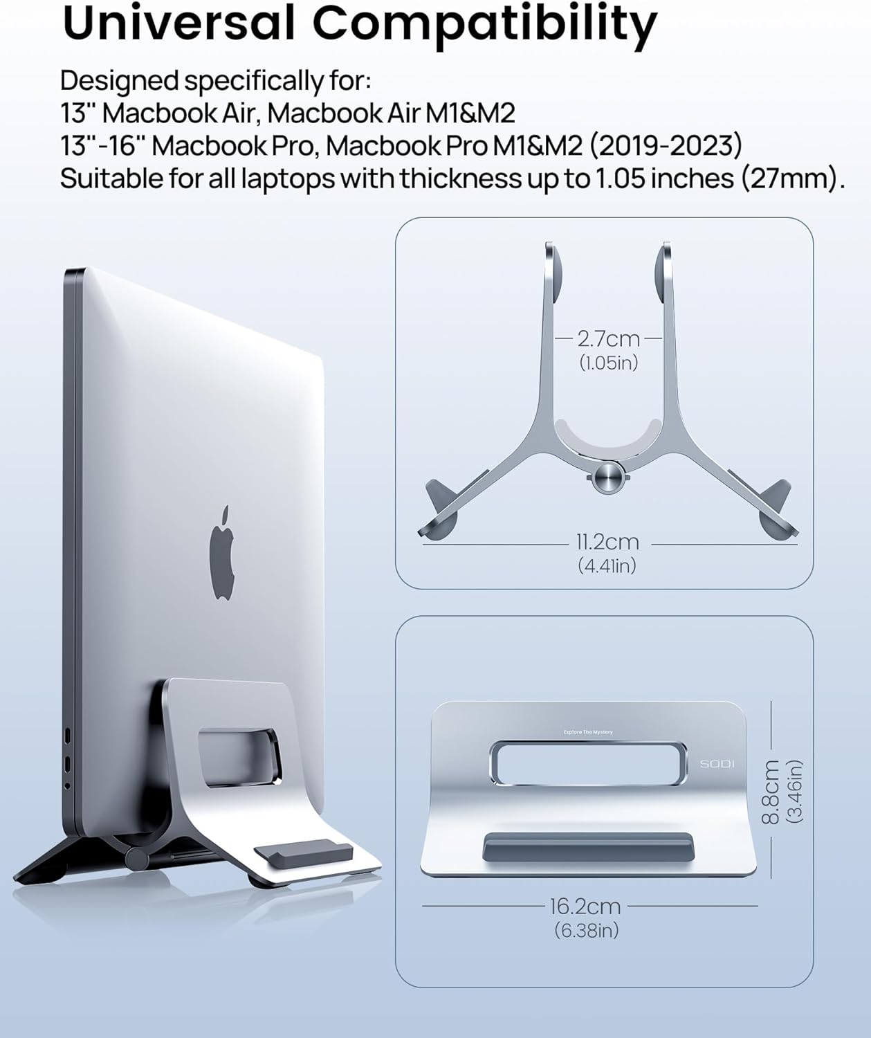 SODI Vertical Laptop Stand for Desk, Gravity Auto Lock Vertical MacBook Stand, Aluminum Laptop Vertical Dock Stand Holder Silver
