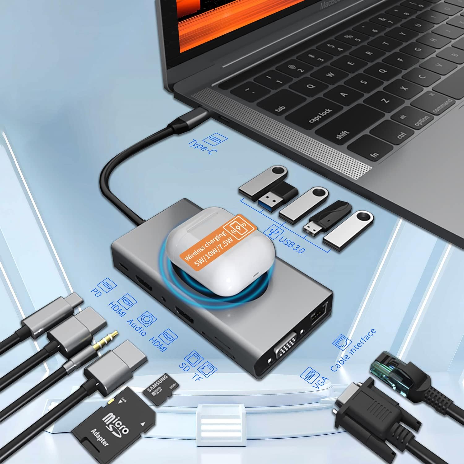 14 in 1 Docking Station with Wireless Charging,Triple and 4K Display,Dual HDMI for USB C Hub,100W PD, 5 USB Ports,SD,TF,VGA,Compatible for Multiple Device:Switch,MacBook,Dell,Thinkpad