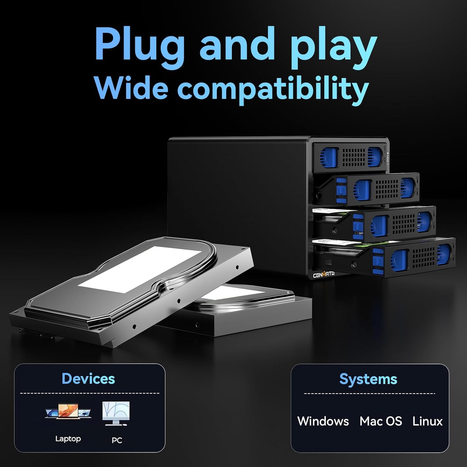 CENMATE 4-Bay Hard Drive Enclosure — USB 3.0, Aluminum with Cooling Fan