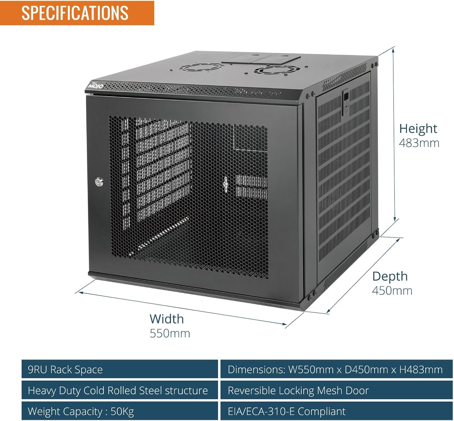 Tecmojo 9RU Wall Mount Network Cabinet – 450mm Deep, Lockable Mesh Door, 50kg Load - Black