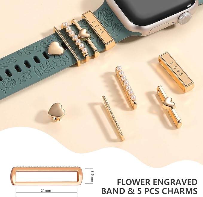 Witzon Flower Engraved Band Compatible with Apple Watch Bands 38mm 40mm 41mm for Women, Soft Silicone Sport Band With Decorative Apple Watch Charms for iWatch Series 9 8 7 6 5 4 3 2 1 SE (With Band)