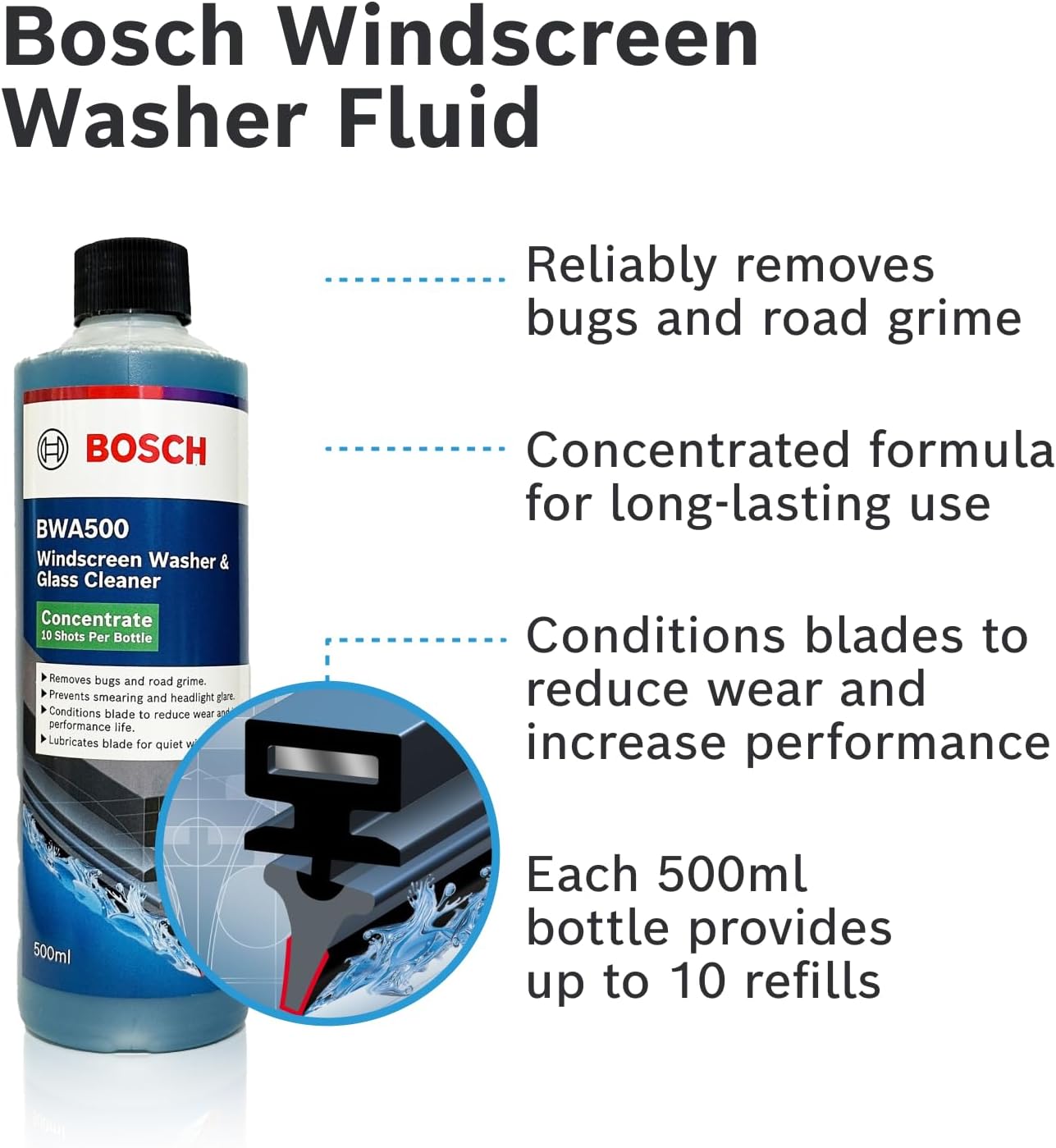 BOSCH BWA500 Windshield Washer Fluid 500ml - Efficient & Reliable Solution for Your Car's Clean Windshield - Glass Cleaner Concentrate Contains 10 Shots Per Bottle