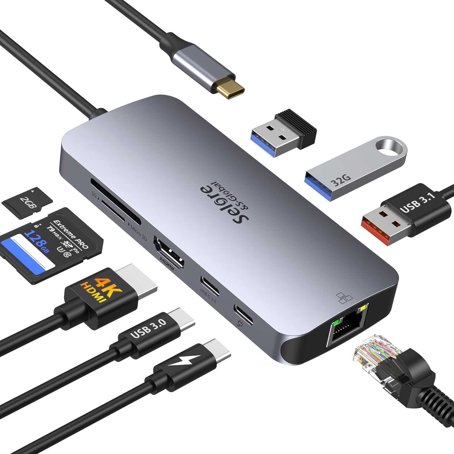 Selore&S-Global 9-in-1 USB-C Hub – 4K HDMI, 2×USB-C 3.1 Gen2 10Gbps, Ethernet, USB 3.1 10Gbps, 2×USB 3.0, Compact Multiport Adapter