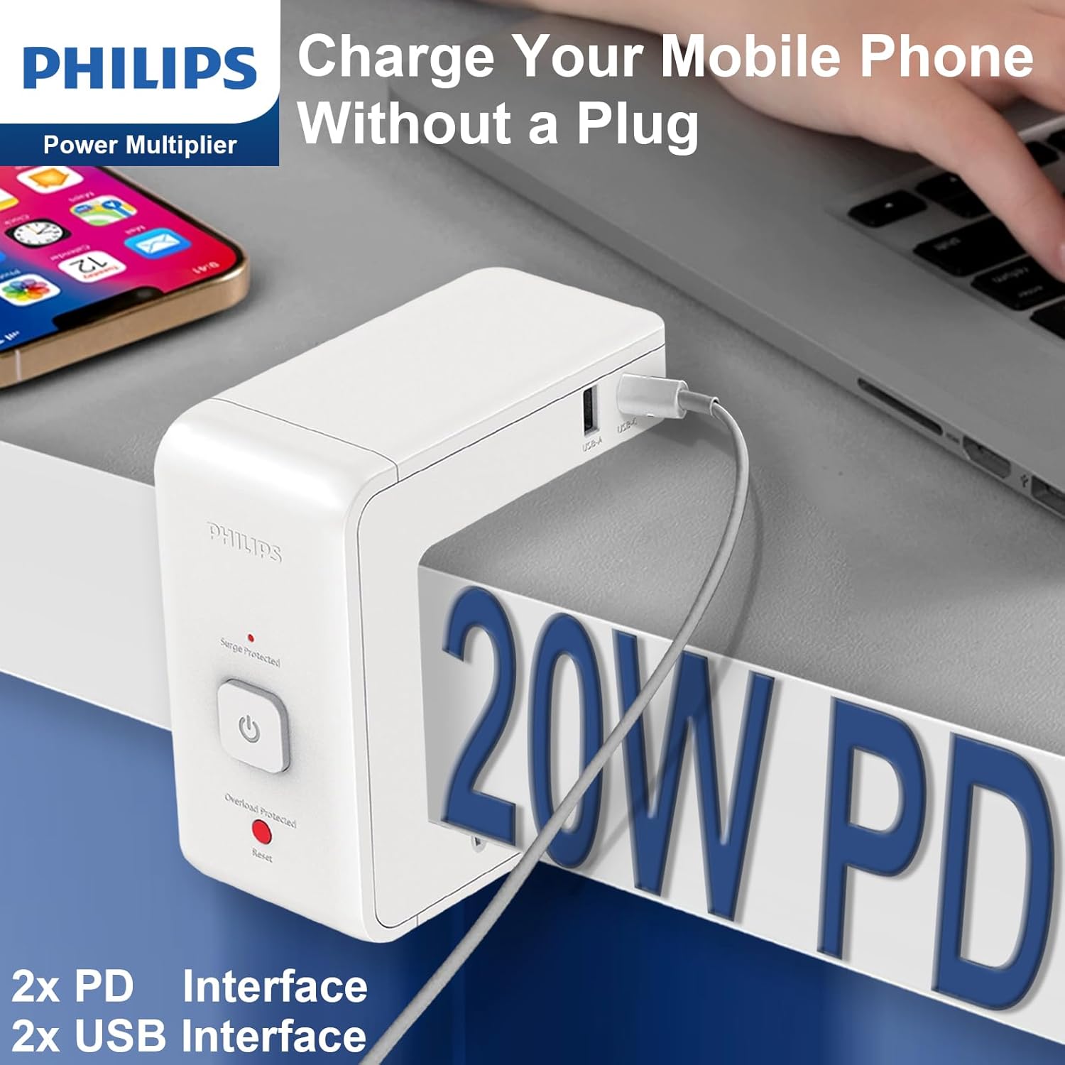 PHILIPS Desk Table Clamp Powerboard, Desktop Edge Mount Charging with 4x10A Outlets + 2xUSB A +2xUSB C (8 Devices), Overload Surge Protector, 1.2m Extension Cord Desktop Power Board with USB C