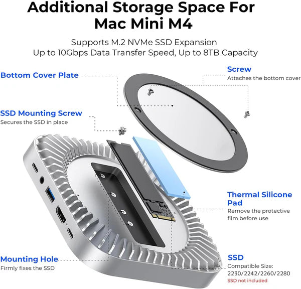 RayCue Mac Mini Hub & Stand with NVMe SSD Enclosure (US Plug)-13