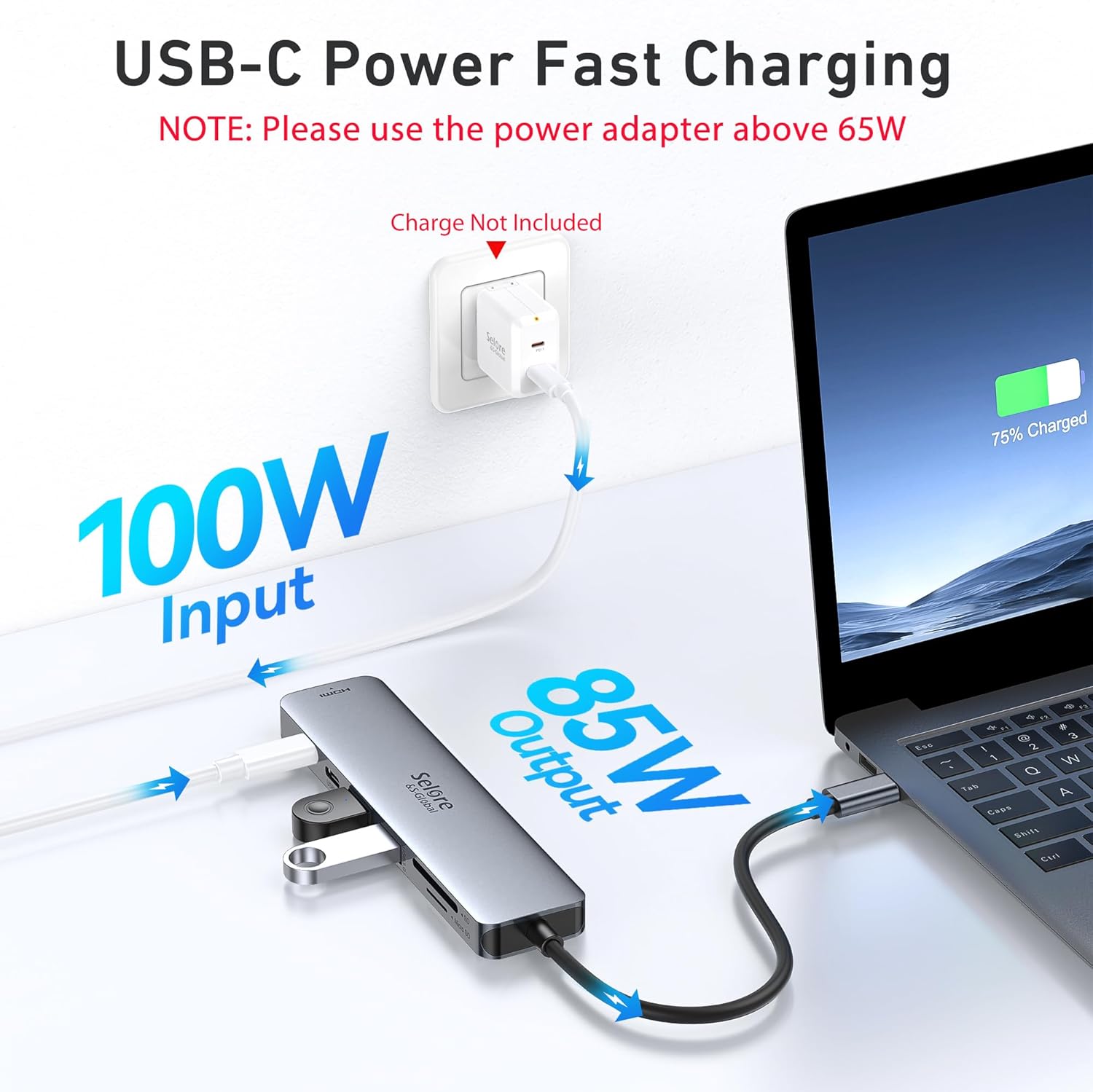 Selore&S-Global 6-in-1 USB-C Hub – 4K HDMI, 100W PD, USB 3.0, USB-C 3.0, SD/TF Card Reader