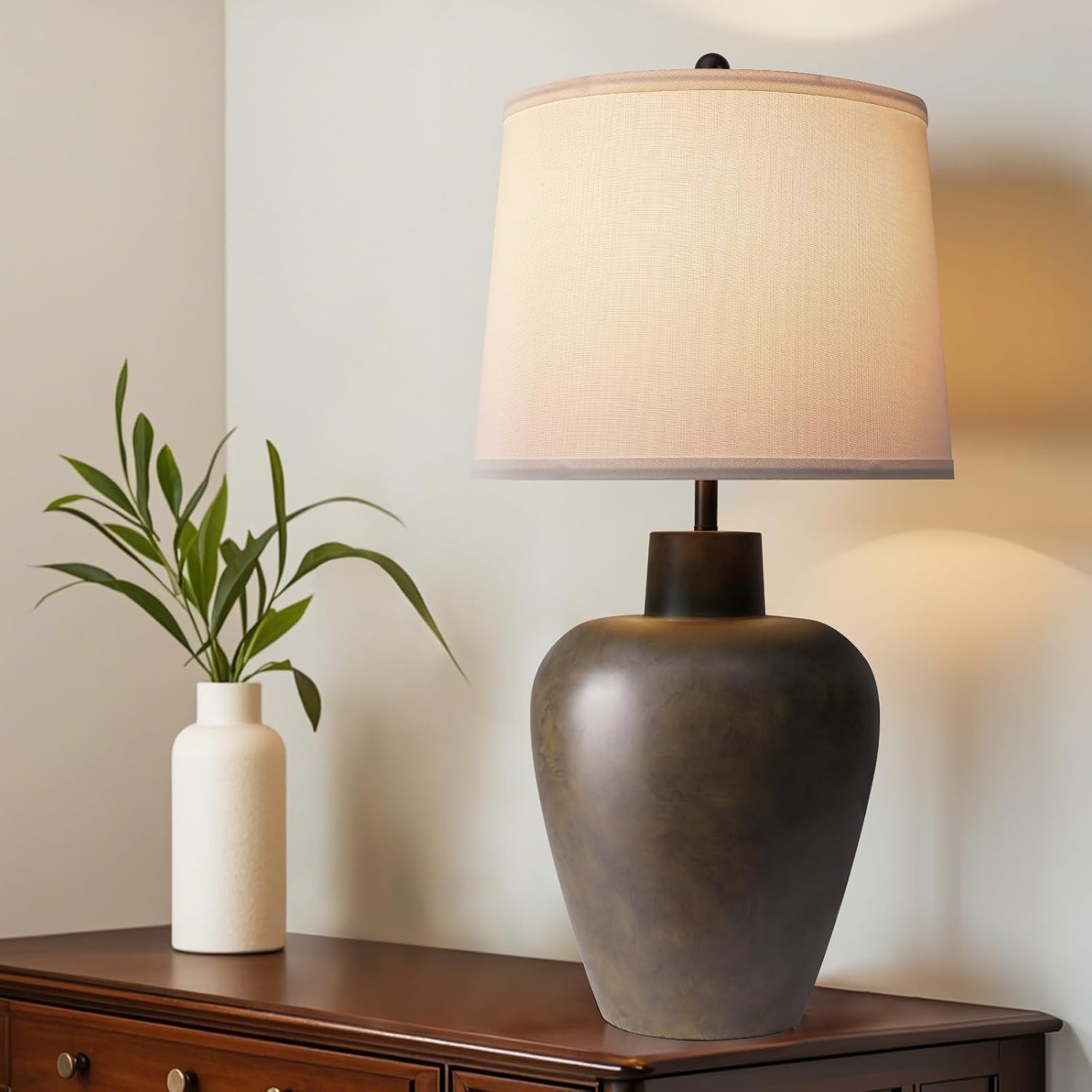 Apsung Vintage Bedside Lamp for Living Room, Brown Table Lamp with Adjustable 3-Color Temperature, Nightstand Light with White Fabric Shade for Bedroom, Living Room, Home Hotel Office (Bulb Included)